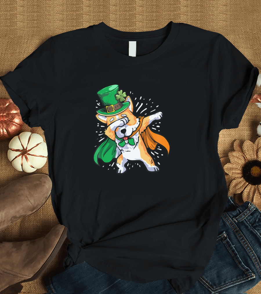 Dabbing Corgi St Patricks Day Irish Celebration with Hat and Cape T-Shirt