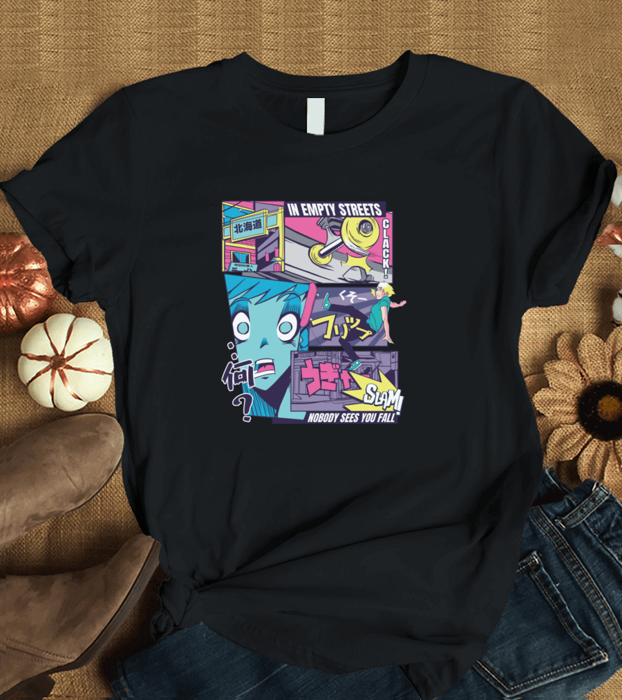 In Empty Streets Clack Slam Nobody Sees You Fall Anime Vaporwave Skater Comic T-Shirt