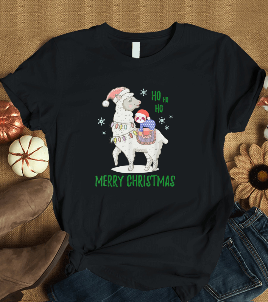 Merry Christmas Llama and Santa Sloth Ho Ho Ho Snowflakes T-Shirt