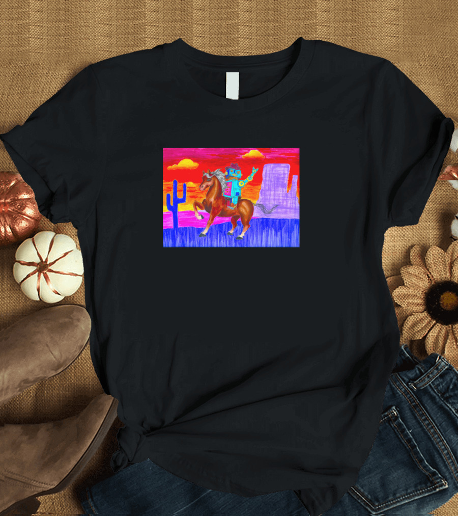 Coowboy Boobeep Robot Riding Horse in Colorful Desert Sunset Scene with Cactus T-Shirt