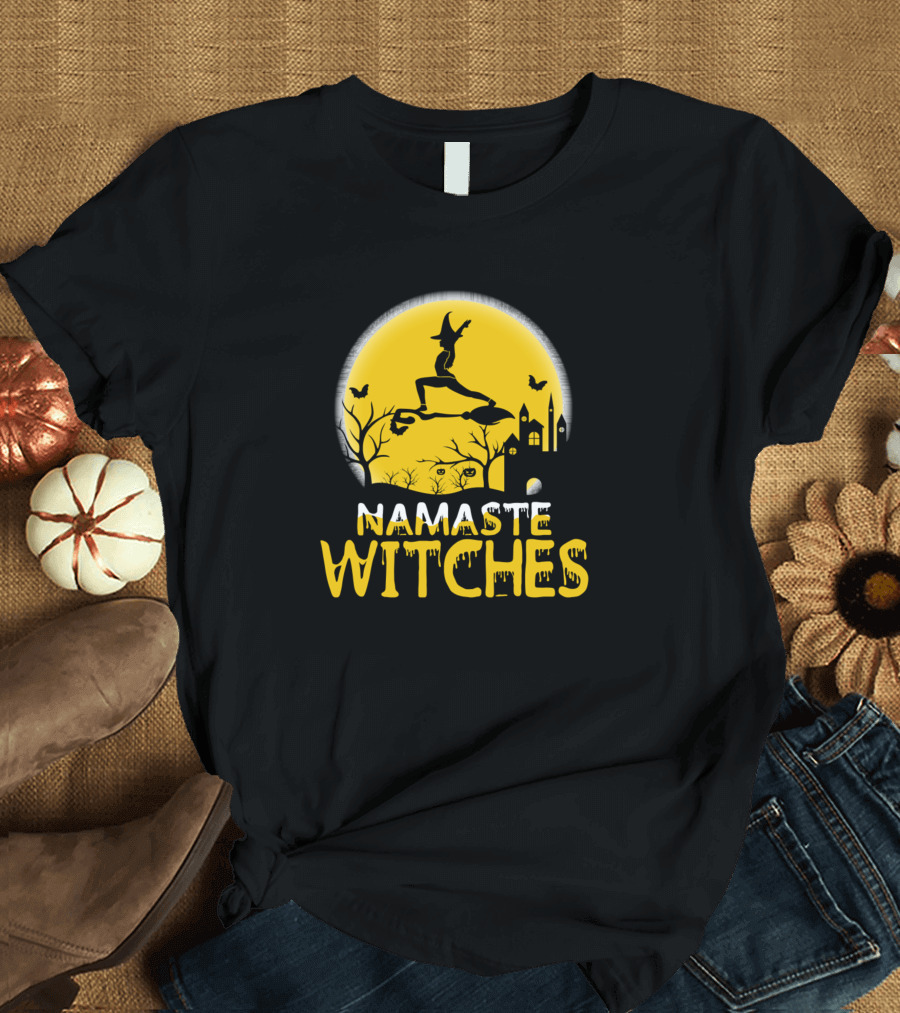 Namaste Witches Yoga Meditate Halloween Moon Scene T-Shirt