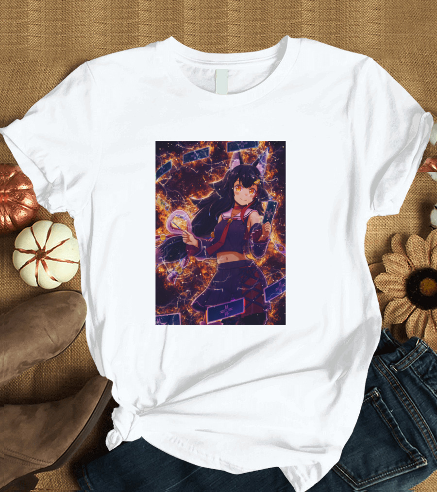 Ookami Mio Anime Girl with Cards in Fire Explosion Scene T-Shirt