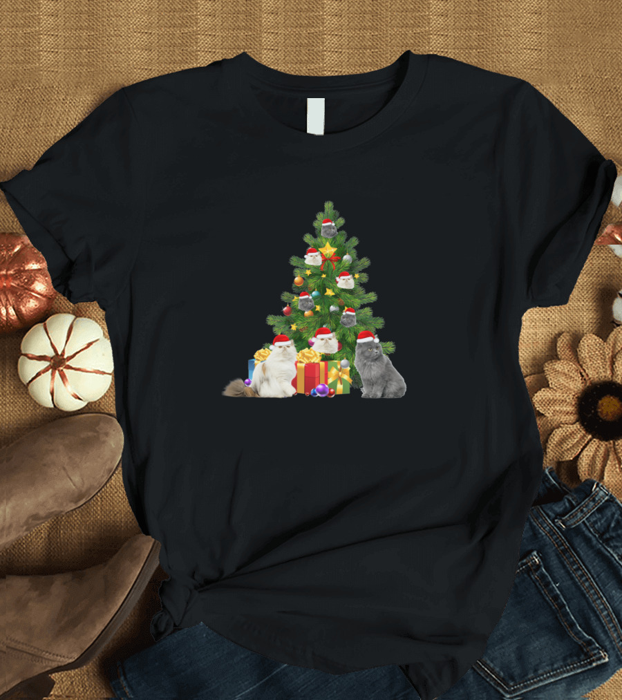 Cute Persian Cats in Santa Hats Decorating a Festive Christmas Tree T-Shirt