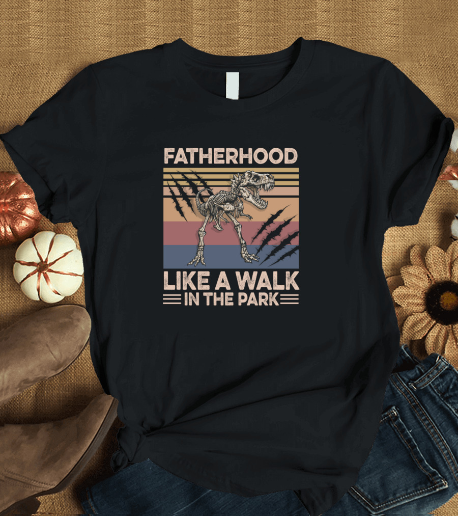 Fatherhood Like A Walk In The Park Retro Sunset Dinosaurs T-Shirt