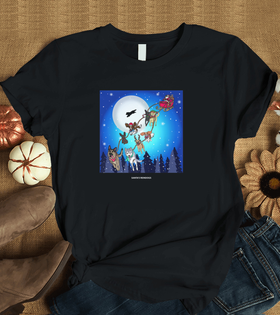 Santa's Reindogs Flying Over Full Moon with Sled and Dogs in Snowy Night Sky T-Shirt