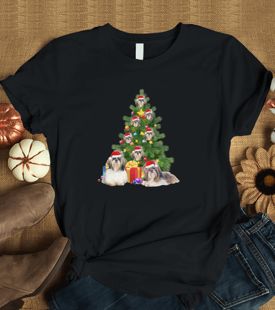 Shih Tzu Dog Christmas Tree with Santa Hats and Holiday Gifts T-Shirt