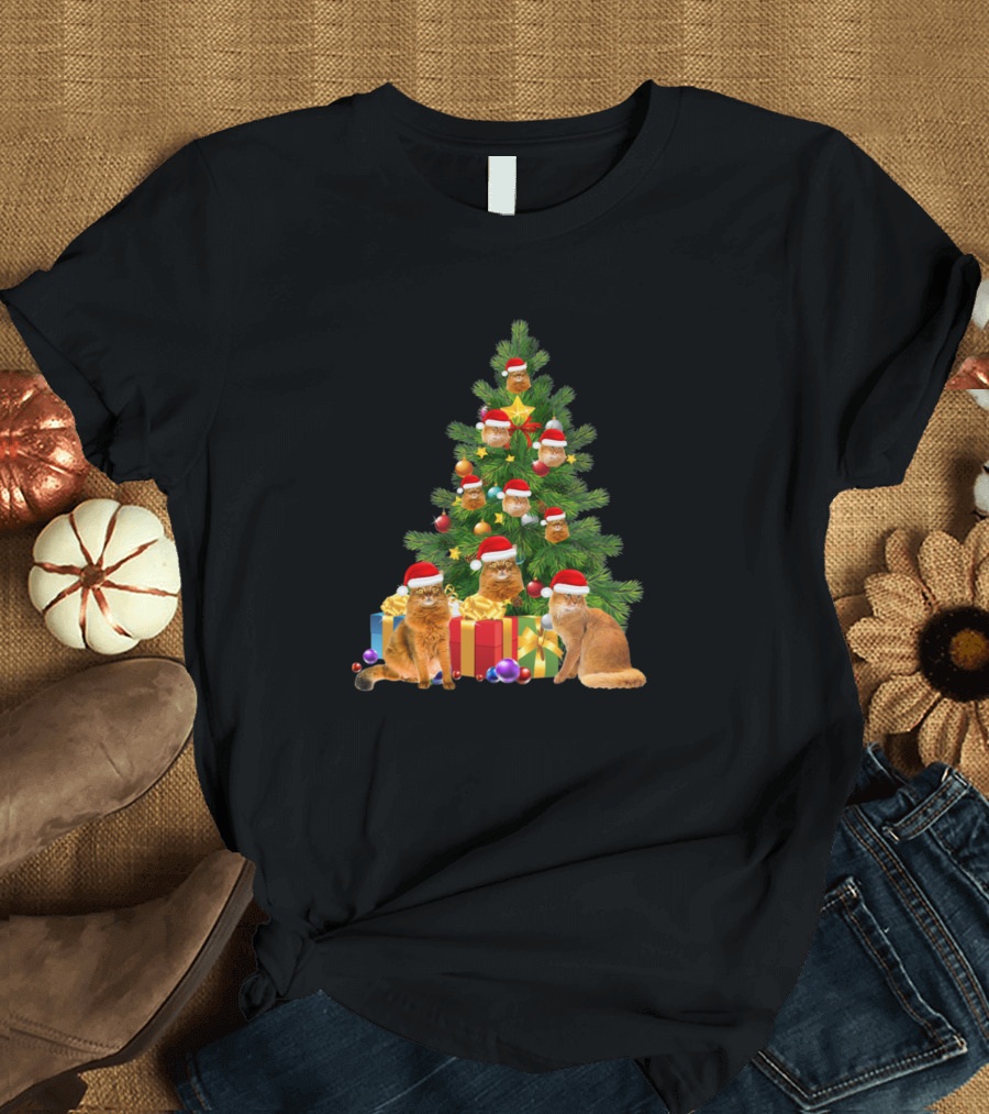 Somali Cat Christmas Tree with Santa Hat Decor and Presents T-Shirt