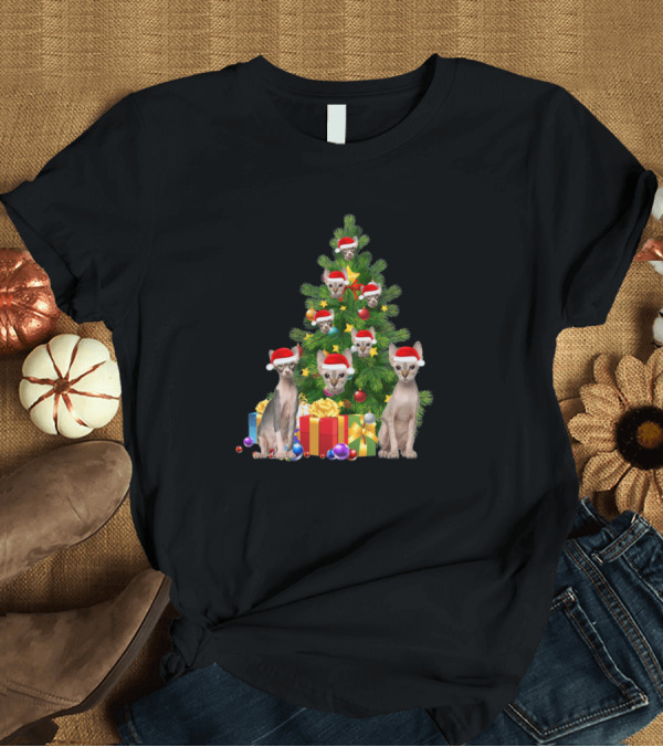 T-Shirt: Sphynx Cat Christmas Tree with Santa Hats and Presents T-Shirt Sphynx Cat Christmas Tree with Santa Hats and Presents T-Shirt
