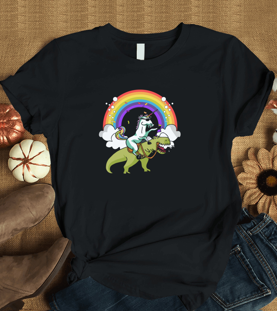Unicorn Riding Dinosaur with Rainbow T-Shirt