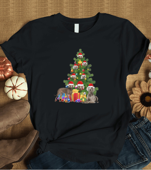 T-Shirt: Weimaraner Dog with Santa Hats Under Christmas Tree with Gifts T-Shirt Weimaraner Dog with Santa Hats Under Christmas Tree with Gifts T-Shirt