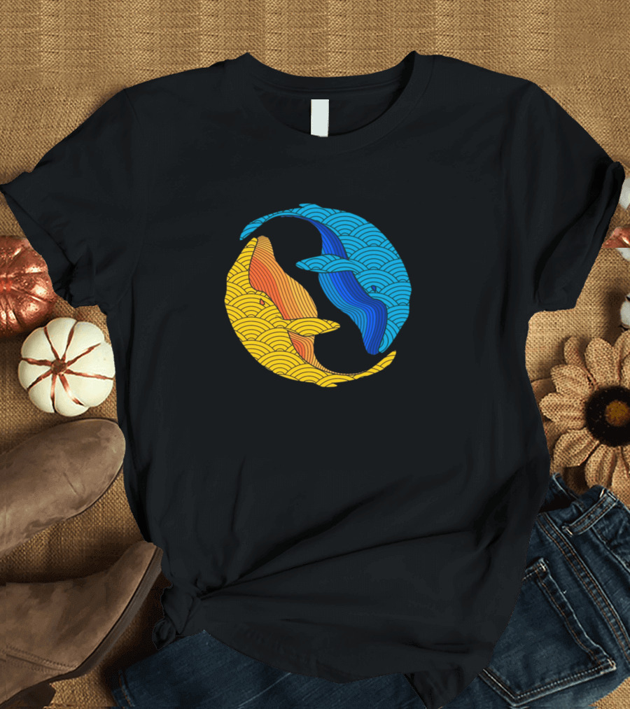 Yin Yang Fish in Vibrant Blue and Yellow Waves T-Shirt