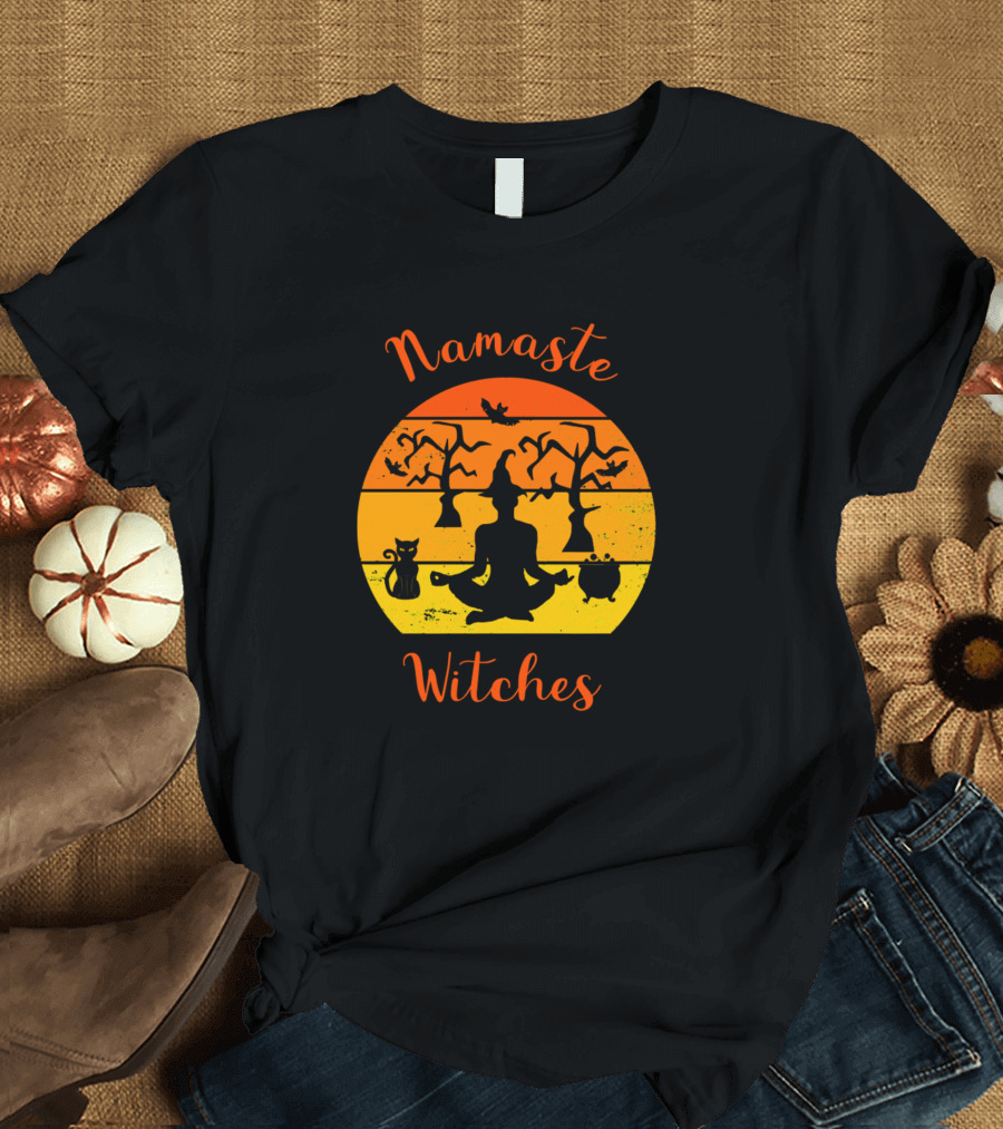 Namaste Witches Halloween Yoga Cats Cauldron Bats T-Shirt