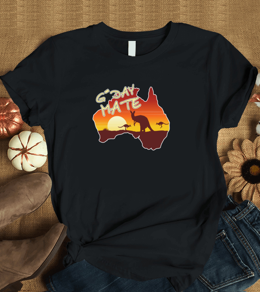 G'Day Mate Australia Kangaroo Sunset Silhouette Map T-Shirt