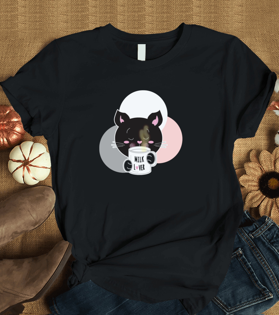Milk Lover Black Cat with Cup of Warm Beverage T-Shirt