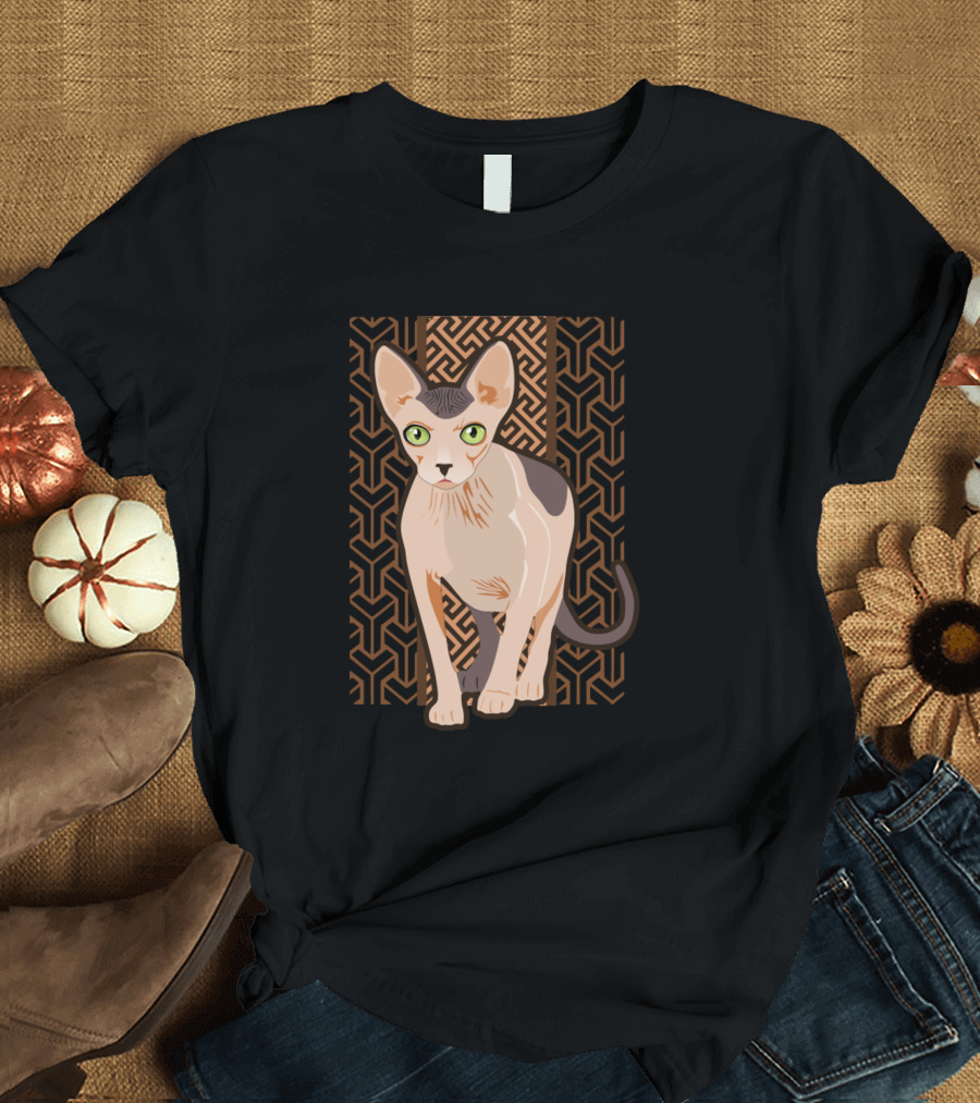 Sphinx Cat Essential Kitten Kitty with Geometric Pattern Background T-Shirt