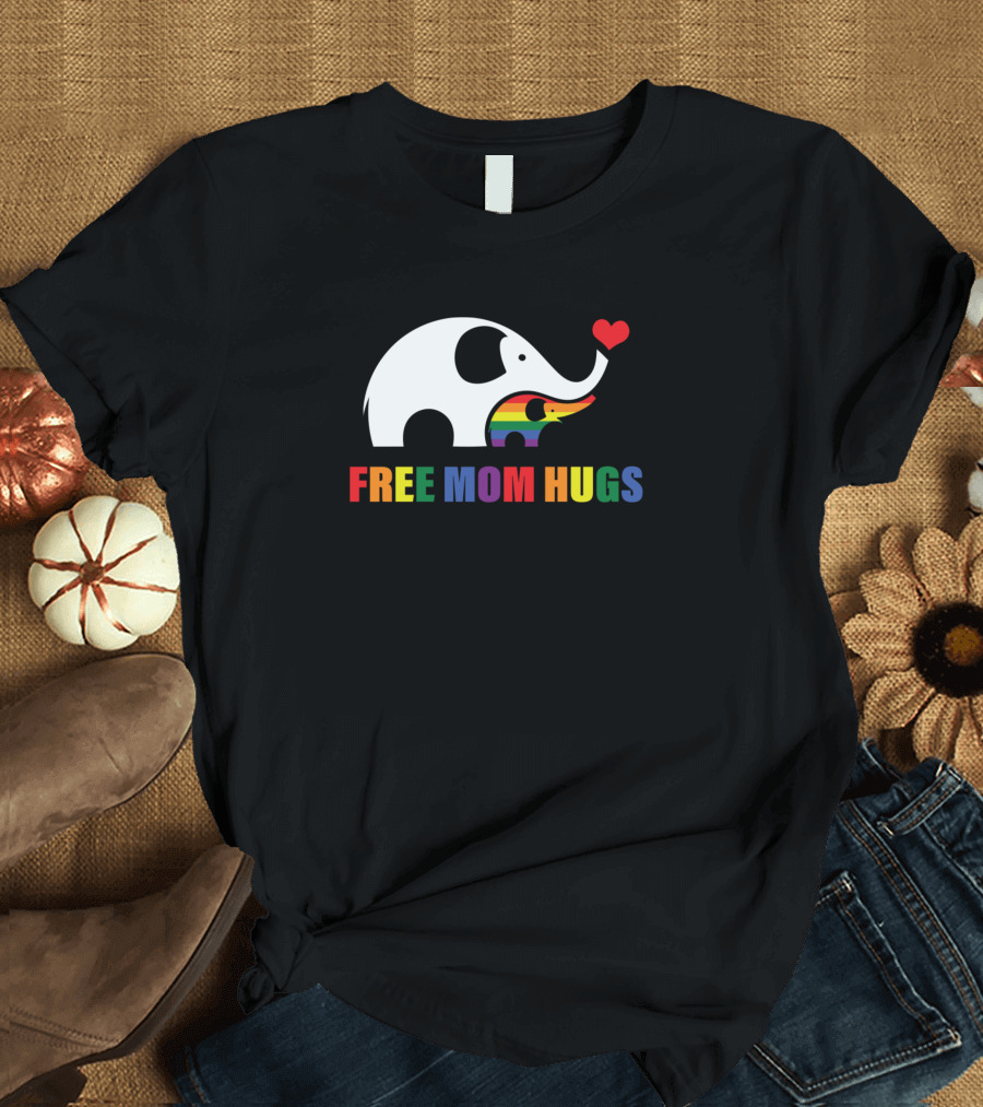 Free Mom Hugs Pride Elephant with Rainbow Heart T-Shirt
