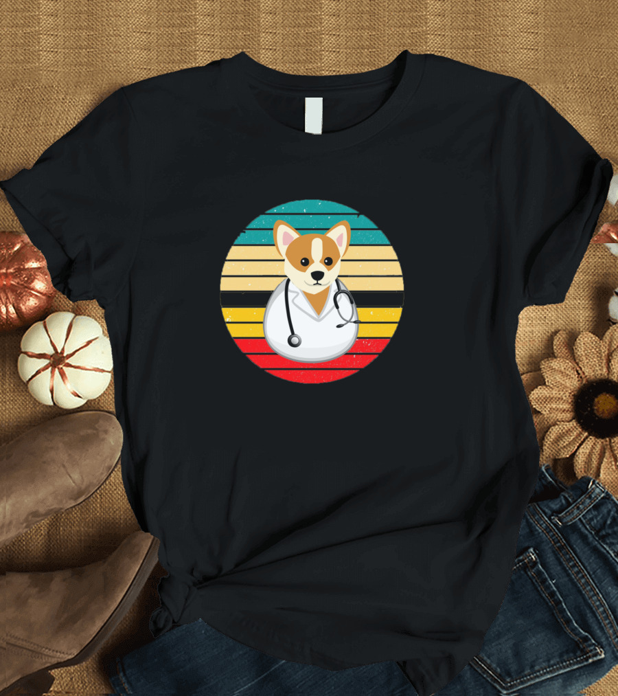 Funny Dogtor Corgi with Stethoscope in Retro Style Stripes T-Shirt