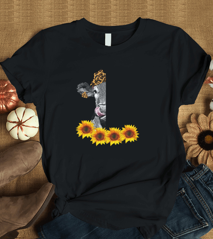 If My Mouth Doesn't Say It My Face Definitely Will Cow Sunflowers Leopard Print T-Shirt