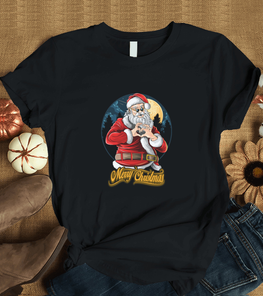 Merry Christmas Santa Claus Making Heart Gesture T-Shirt
