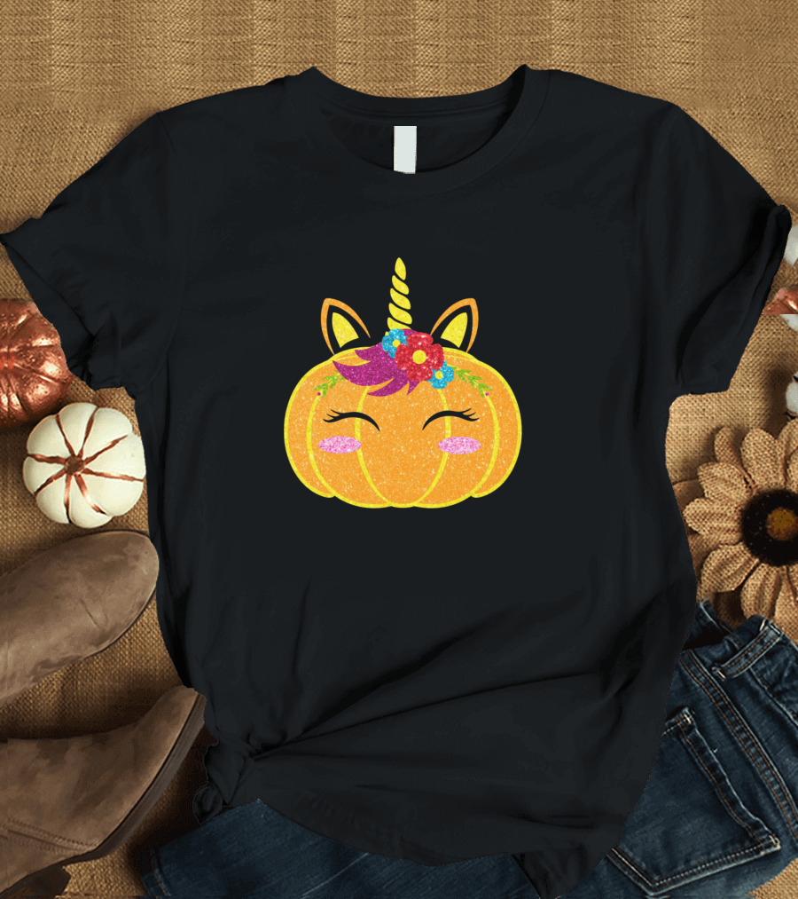 Unicorn Pumpkin Glittery Flower Crown Halloween T-Shirt