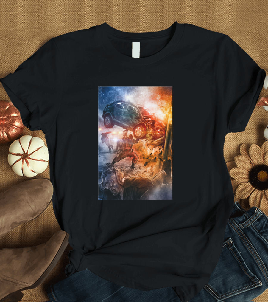 Action Pouches Hero Lifting Car Explosive Scene T-Shirt