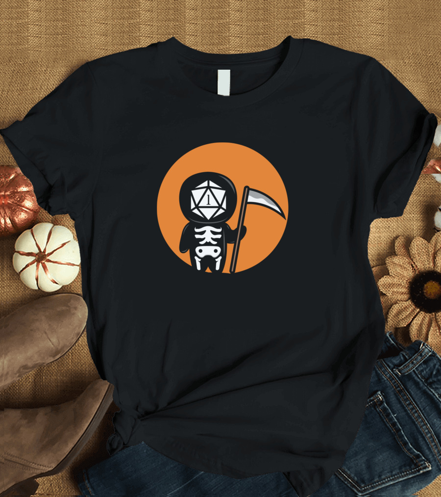 Dark Humor Polyhedral D20 Dice Halloween Grim Reaper Skeleton T-Shirt