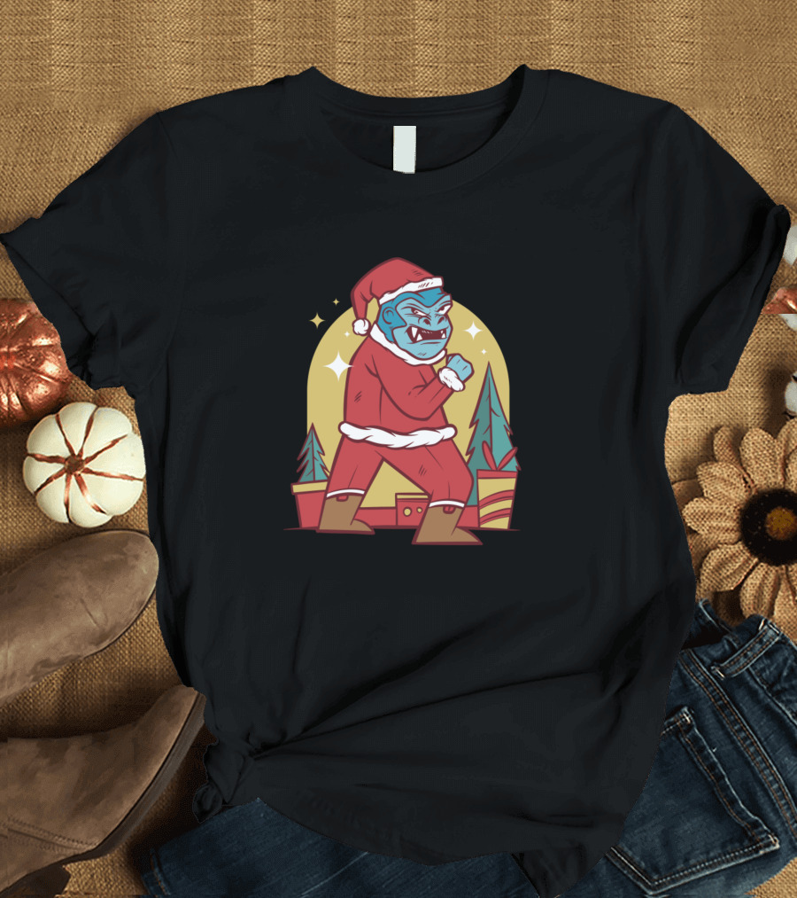 Gorilla Santa in Festive Boxing Pose with Christmas Trees and Gifts T-Shirt