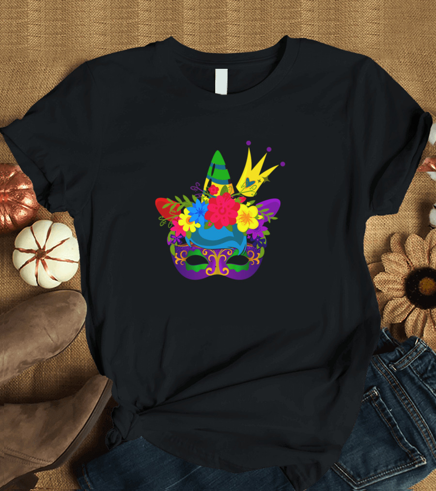 Unicorn Mask with Floral Crown and Mardi Gras Colors Carnival Festival T-Shirt