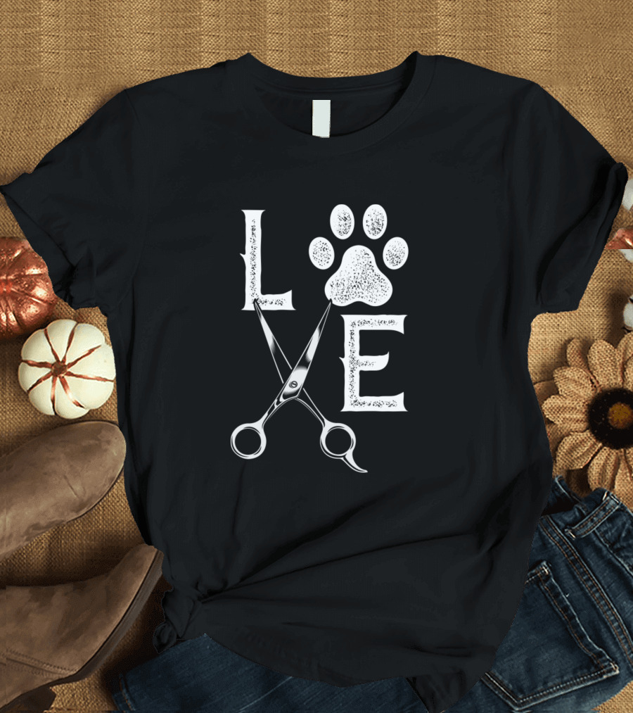 LOVE Dog Groomer Scissors Paw Prints T-Shirt