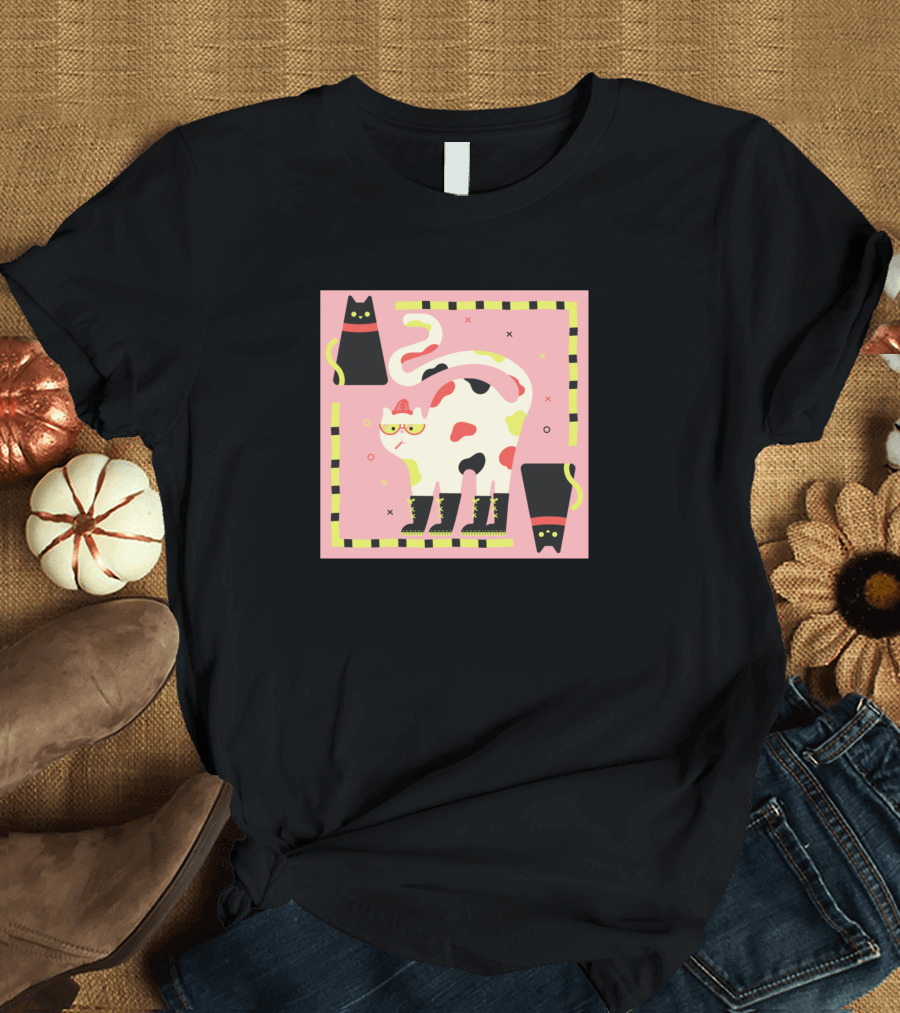 Funny Cat with Glasses Hat and Boots on Pink Background T-Shirt