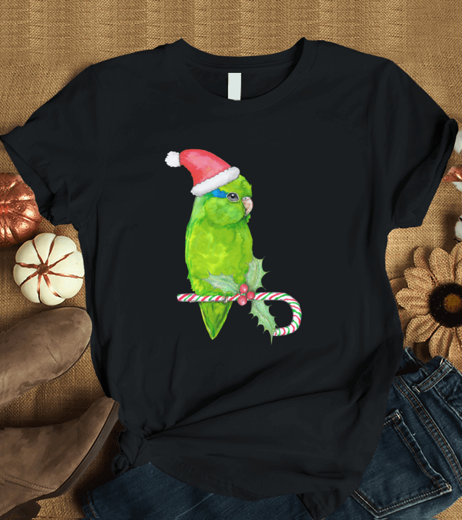 Green Parrotlet with Santa Hat and Candy Cane Holiday T-Shirt