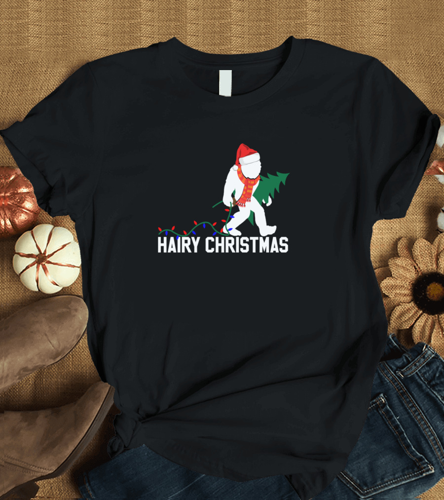 Hairy Christmas Funny Bigfoot Santa Hat Holiday Lights T-Shirt