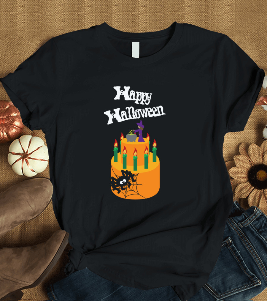 Happy Halloween Cake with Spider and Witch Hat T-Shirt