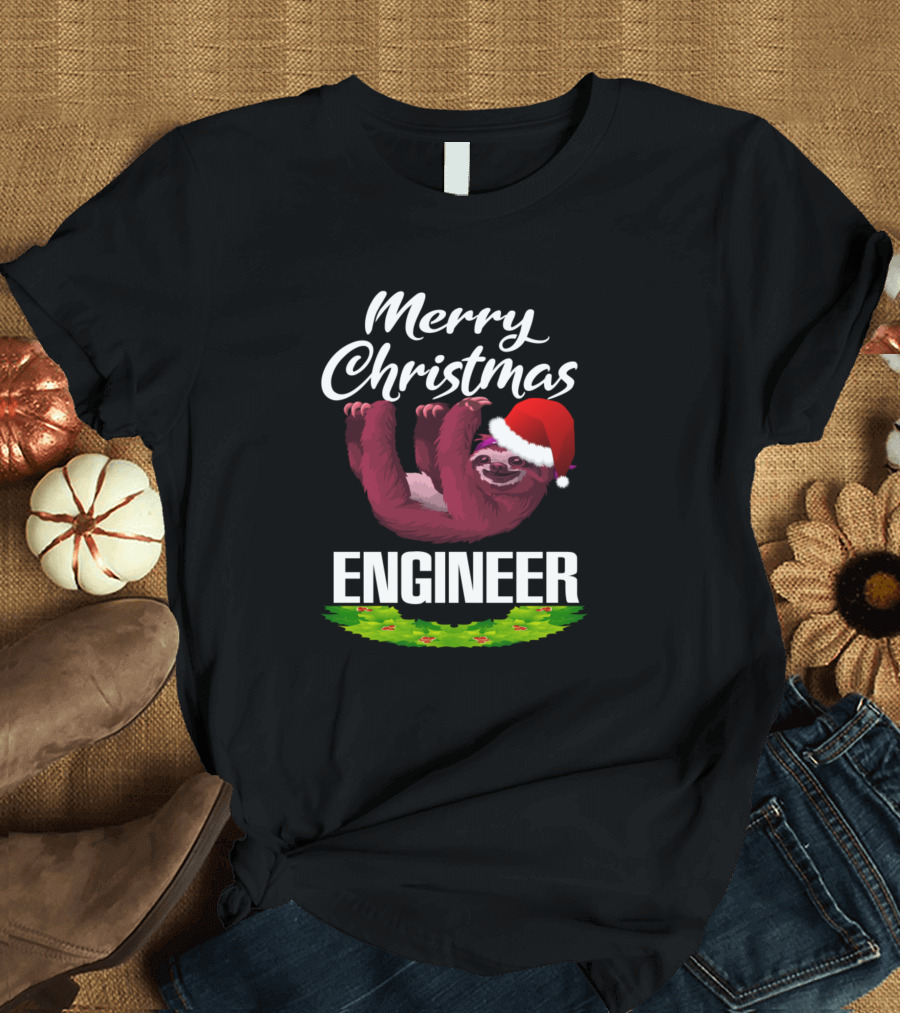 Merry Christmas Engineer Sloth Santa Hat Holiday Wreath T-Shirt