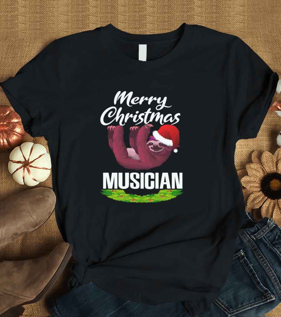 Merry Christmas Musician Sloth with Santa Hat and Wreath T-Shirt