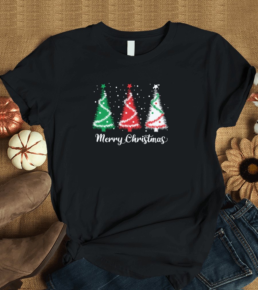 Merry Christmas Trees Snowfall Red Green Stars T-Shirt