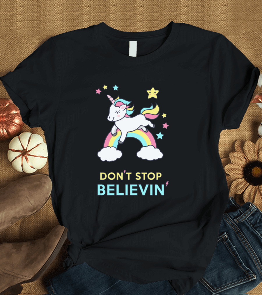 Don't Stop Believin Unicorn Rainbow Stars T-Shirt