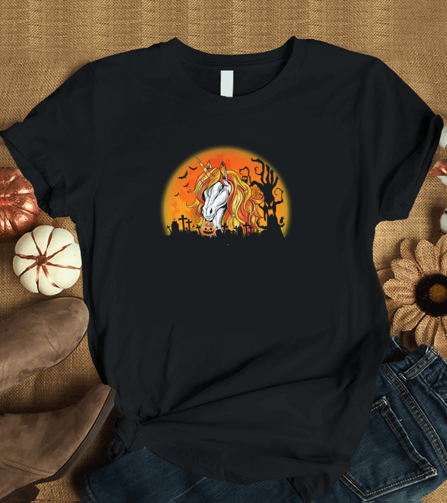 Candy Corn Unicorn Halloween Night Scene with Spooky Graveyard and Jack-o'-Lanterns T-Shirt