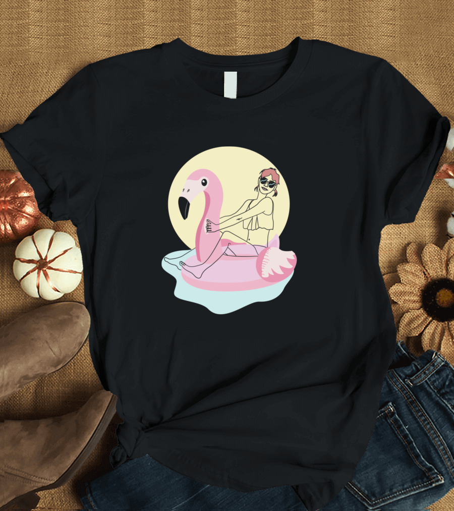 Flamingo Inflatable Pool Float with Person in Sunglasses and Hat T-Shirt