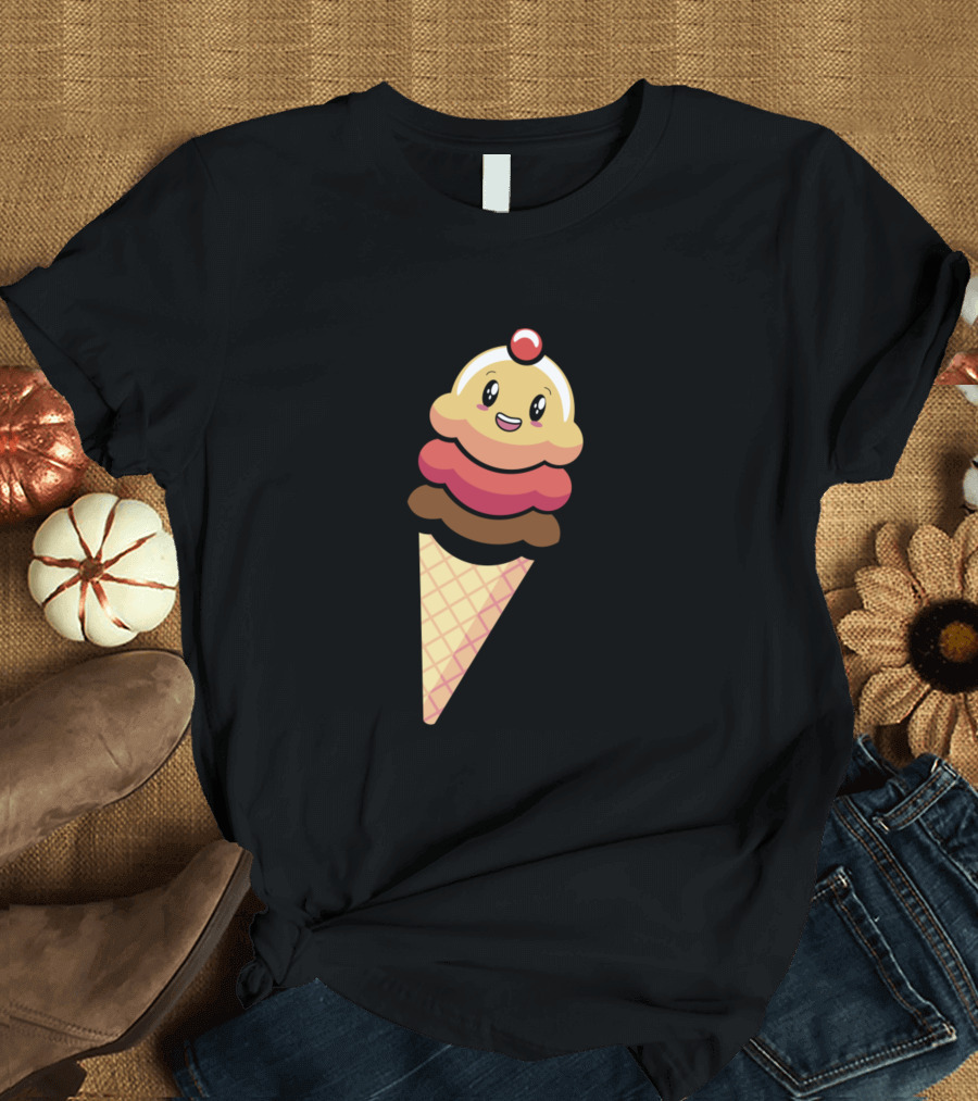 Kawaii Smiling Ice Cream Cone With Cherry Top T-Shirt