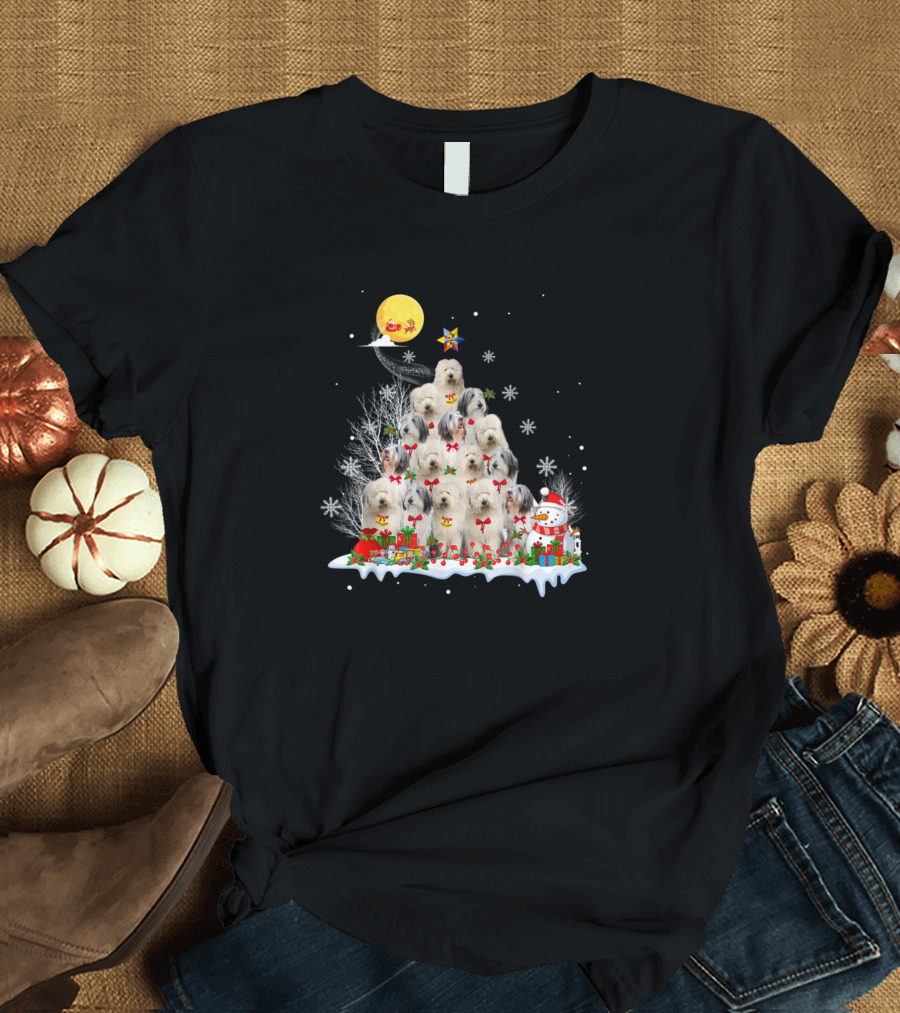 Old English Sheepdog Christmas Tree Reindeer Santa Snowman Pine T-Shirt
