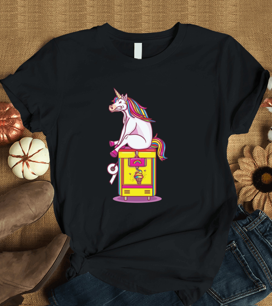 Pink Unicorn Sitting on Rainbow Ice Cream Machine T-Shirt