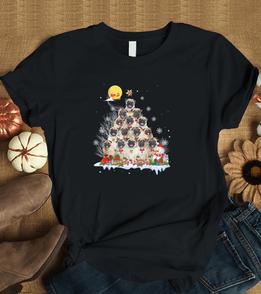 Pug Dog Reindeer Pine Tree Christmas Snowflake Holiday Scene T-Shirt