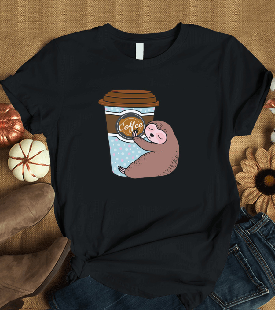 Sloth Hugging Coffee Cup with Dotted T-Shirt
