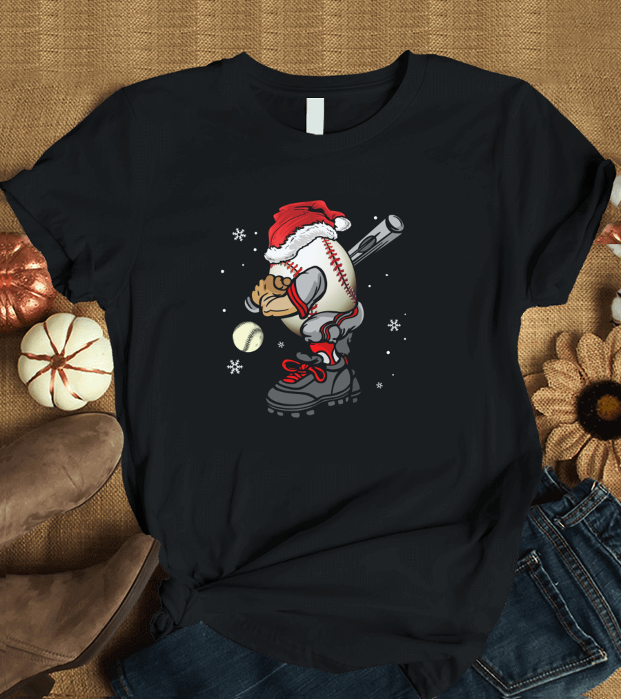 Baseball Player Lover Christmas Batter with Santa Hat and Snowflakes T-Shirt