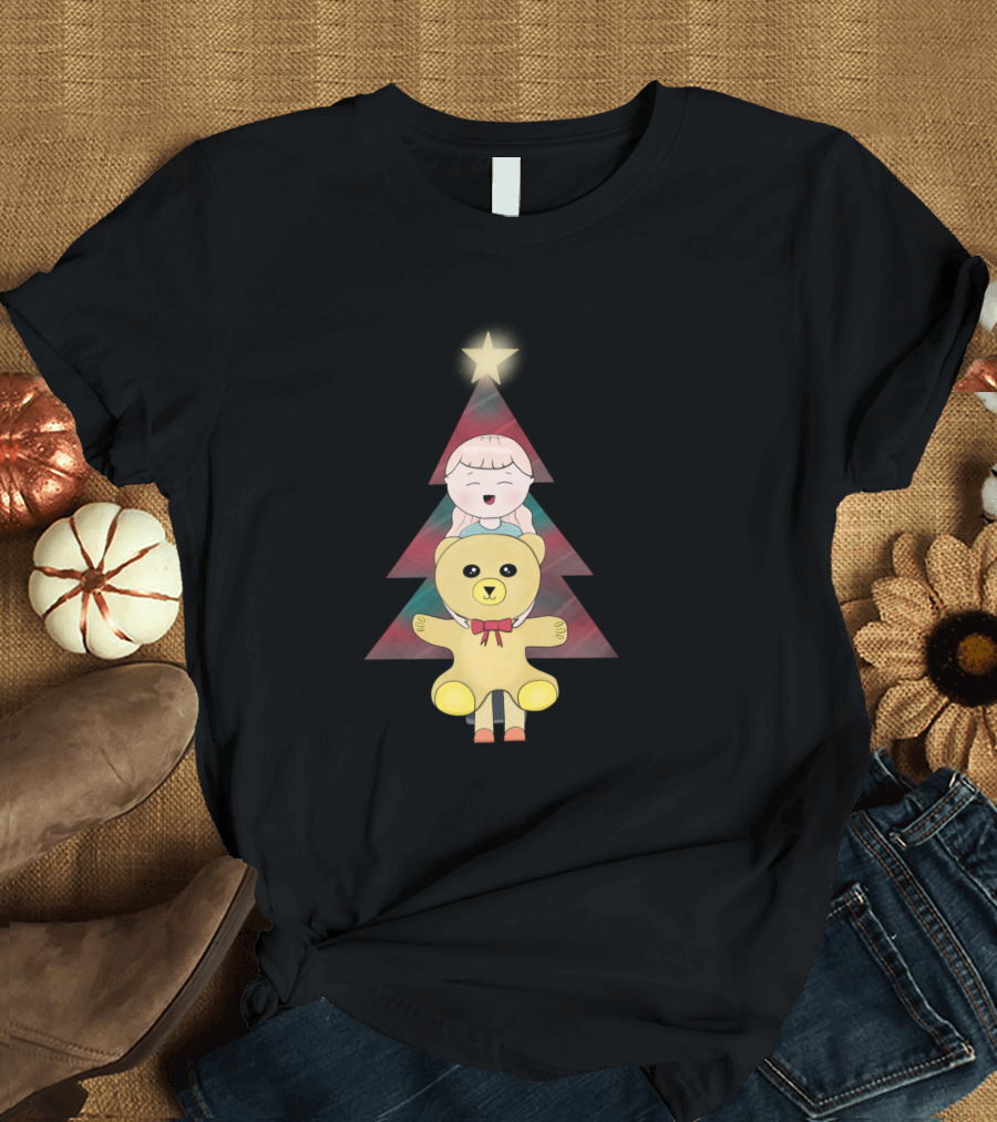 Christmas Teddy Bear with Child in Front of Festive Tree Star T-Shirt