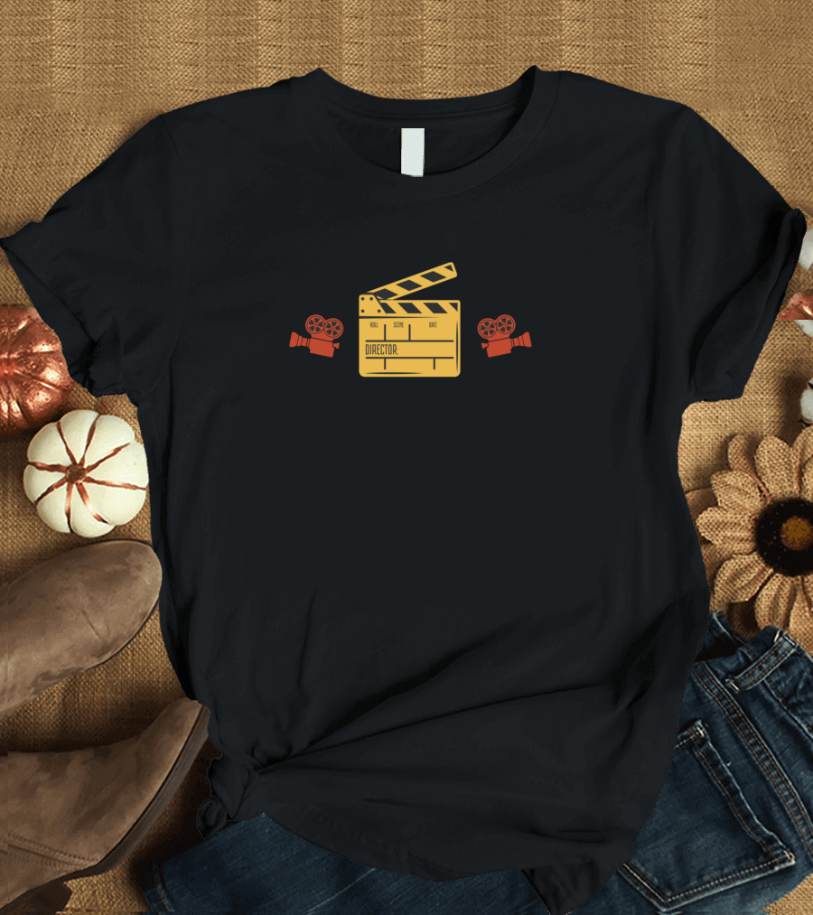 Director Clapperboard with Vintage Cameras Cinema T-Shirt