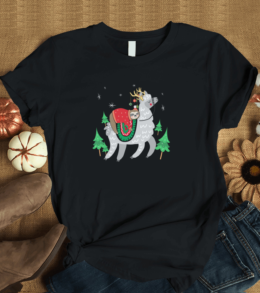 Cool Santa Sloth Riding Llama Reindeer Christmas Holiday Scene T-Shirt