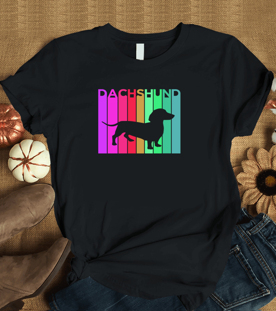 Dachshund Silhouette with Colorful Rainbow Stripes for Dog Lovers T-Shirt