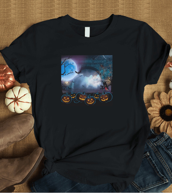 T-Shirt: Halloween Pumpkin Moon Bats with Haunted Night Sky T-Shirt Halloween Pumpkin Moon Bats with Haunted Night Sky T-Shirt